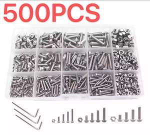 สกรูและน็อตชุดเครื่องสกรูและน็อตชุด 500 ชิ้น M3 M4 M5 ปุ่มสแตนเลสหัว Hex หัวเสียบสลักดุมสกรูชุดแบ่งประเภทถั่ว + ประแจ-INTL