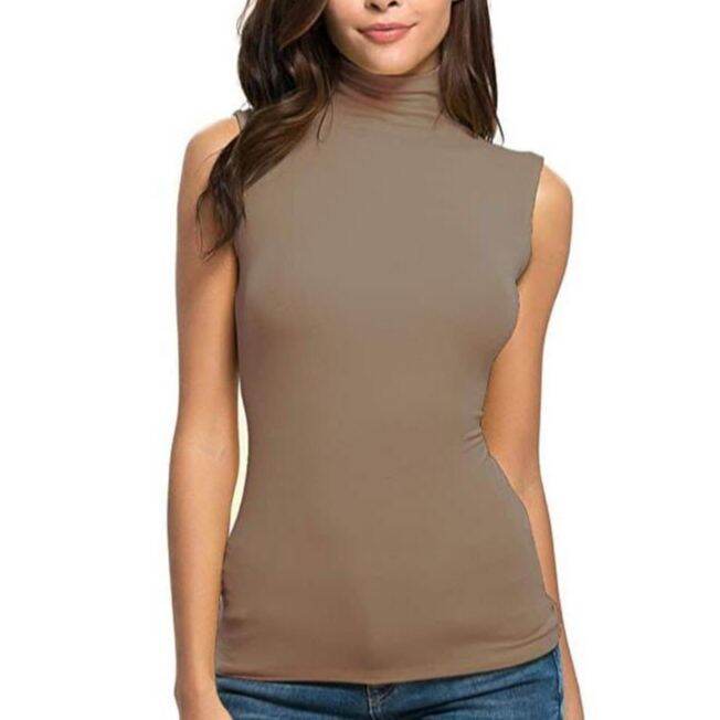 Women's Turtel Neck Inner Tanpa Lengan-Woman High Neck Sleeveless Top ...