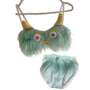Womens 2Pcs Plush Bra and Panty Set Funny Big Eyes Dolls Pattern Wireless Brassiere Underwear Japanese Anime Lingerie