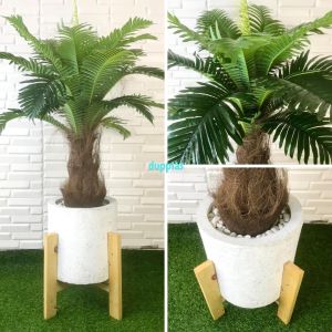 Pohon Artificial Palem Botol & Monstera Latex Standing Kayu Kaki 4 Pot Semen Hitam & Putih Pajangan Hiasan Ruangan