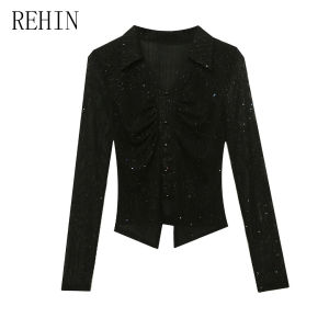 REHIN Chic Polo Collar Long Sleeve Top – Slim Fit Elegant Autumn Fashion Blouse (S-3XL)