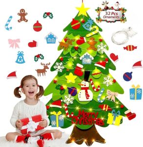 DIY Felt Christmas Tree Set with 32 Christmas Ornaments and Exquisite Packaging Christmas Gifts for Kids New Year Door Wall Hanging Christmas Decorations with LED Lights Christmas Toys for Kids