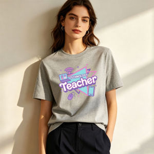 [Local Stock] HBESTY  Technology Teacher Laptop Mouse Phone Cartoon Women Cotton T Shirt STEM Educator Colorful Bubble Letter Street Casual Tee