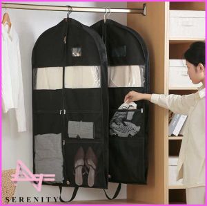 SERENITY 1pc New Black Non-Woven Fabric Suit BagsGarment bag for Wardrobe Storage Travel Hanging Bags for with Mesh Pockets