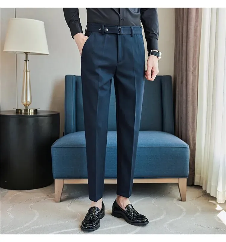 Plus Size 38 36 Fashion Belt Design Pinstripes Men Formal Trousers Simple  Slim Fit Business Casual Suit Man Dress Pants
