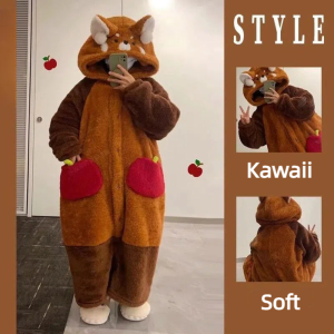 MYCOLOR ชุดนอน ขน นุ่ม ๆ ชุดแขนยาวขายาว ชุดใส่นอน ชุดนอนคลุมแรคคูน คาวาอิ ผ้ากำมะหยี่กำมะหยี่ ชุดนอนการ์ตูนหมี ตลกๆ อบอุ่นและอบอุ่น เสื้อคลุมยาวมีฮู้ด ชุดคอสเพลย์