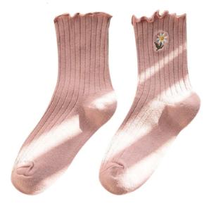 Women Girl Daisy Floral Embroidery Ankle Socks Candy Color Ruffles Cuffs Ribbed Vertical Striped Casual Mid Tube Hosiery
