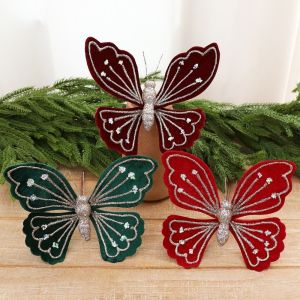 WENQI Nhung Đồ trang trí hình bướm treo dùng cho dịp Giáng sinh. Viền kim tuyến Kim sa Bướm mô phỏng cỡ lớn Nhẹ Thật tế Bướm nhân tạo lấp lánh. Cây thông Noel