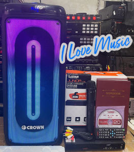 VIDEOKE SET Platinum KS-5 21k songs karaoke player with ORIGINAL Crown PD-882 portable speaker LED light with USB port/FM/BT with wireless mic