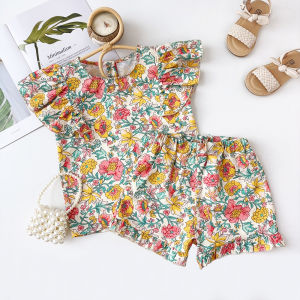Bear Leader Summer Flower Print Clothing Suits for Baby Girls Flying Sleeves T-shirts and Floral Shorts 2 Pieces Sets Kids Casual Clothes 2-7 Years