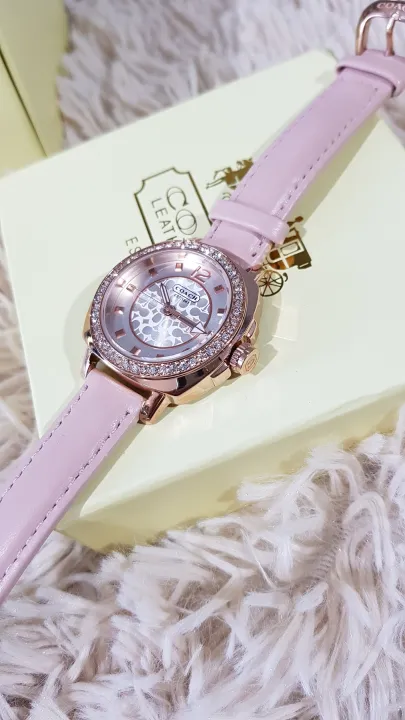 Coach Boyfriend Signature Glitz Light Pink Leather Strap White Dial with Paved Crystal Bezel Ladies Watch Lazada PH