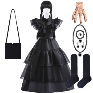 Girl Adams Cosplay Costume Children Halloween Party Disguise Outfits Kids Black Evil Witch Dress Layered Tulle Princess Clothes