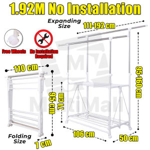 1.92M No Installation Drying Rack for Hanging Clothes | Clothes Drying Rack | Laundry Rack | Retractable Laundry Drying Rack | Clothing Rack | Clothes Hanger Rack | Laundry Drying Outdoor Rack