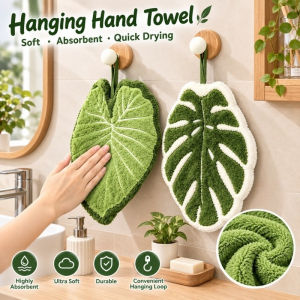 Kitchen Absorb Water Hand Towel Quick Dry Coral Velvet Thickened Hanging Hand Wipe Green Leaf Decor