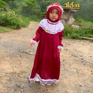 AKFAS - Gamis Anak Perempuan Set Hijab - Dress Muslim Anak Cantik Elegan dengan Renda Putih - Baju Lebaran & Pesta Anak Perempuan