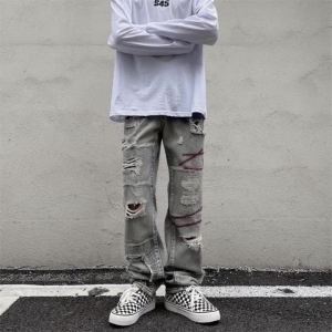 กางเกงยีนขากว้าง ทรงหลวม ทรงตรง แต่งรอยขาด แฟชั่นฤดูใบไม้ผลิ สไตล์สตรีท สําหรับผู้ชาย♢X1104