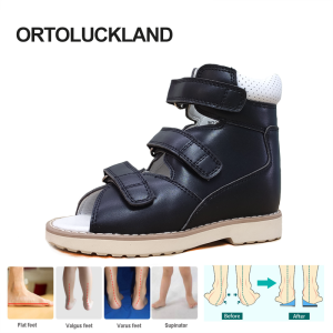 Ortoluckland Boy Kid Orthopedic Shoes For Children Summer Black Leather Sandals Toddler Footwear Flat Feet With Ankle Support