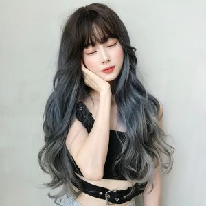 Wig for Women Human Hair True Hair Washable Long Hair Big Wave Gradient Blue Gray Full-head Wig Online Influencer Pop Full Top Hair Cover
