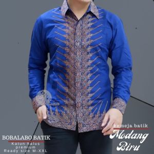 Baju Kemeja Pria Dewasa Lengan Panjang | Batik Biru Lapis Furing Katun Halus Premium