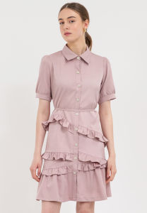 Krizia Button Down Tie Waist Layerd Ruffled Skirt Dress
