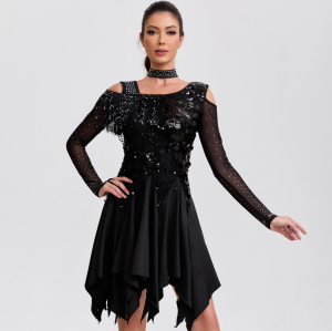 Latin Dance Dress Performance Dress Ball Professional Competition Dress Dance Dress Glitter Long Sleeve Tassel Dress