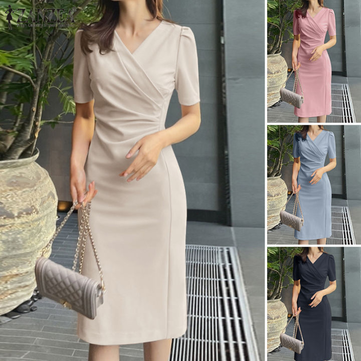 Esolo ZANZEA Korean Style Women Puff Short Sleeve V Neck Midi Dress ...
