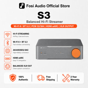 Fosi Audio S3 HiFi Music Streamer DAC Preamp AK4493SEQ DAC Wi-Fi 6 Bluetooth 5.3 Digital Transport with XLR Balanced/Optical/Sub Out/HDMI eARC AirPlay 2 Spotify Connect Tidal 5-Band EQ