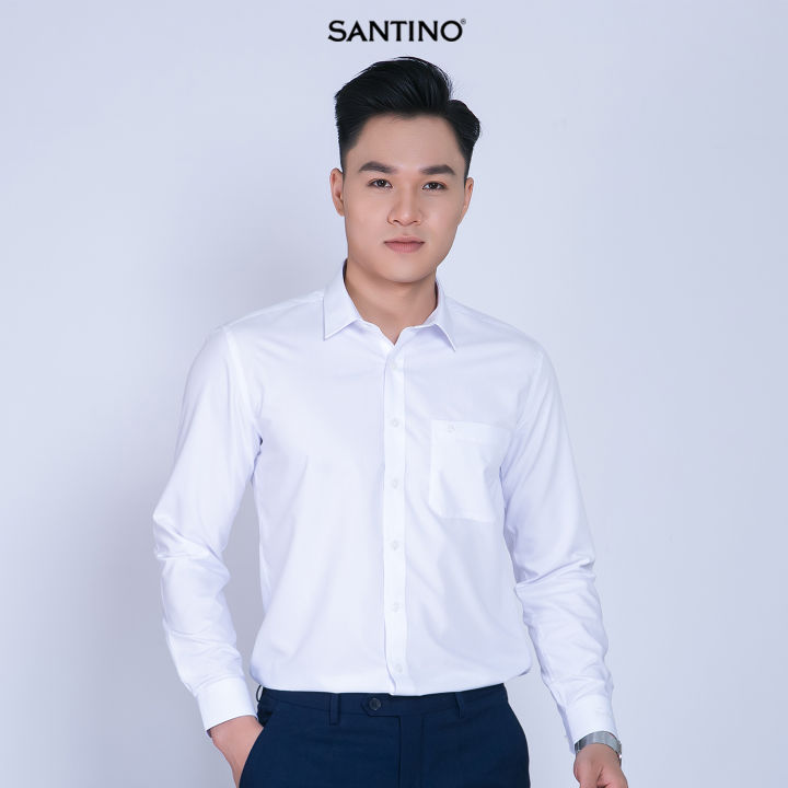 Áo sơ mi dài tay nam Sợi Tre SANTINO màu trắng có túi trước, form ôm ...