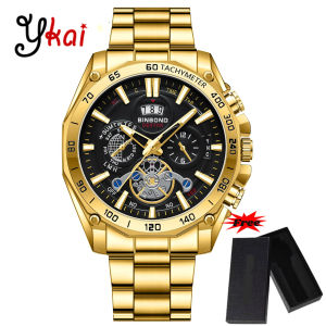 [With Free Box] Ykai Fashion Mens Watches Luxury Brand Dual Calendar Luminous Prismatic Diamond Dial Stainless Steel Strap Waterproof Quartz Wristwatch Fashion Casual Golden Watch B4750