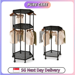 【Pure Care】 360° Rotating Garment Rack with Mesh Shelves Wheels Single Double Tier