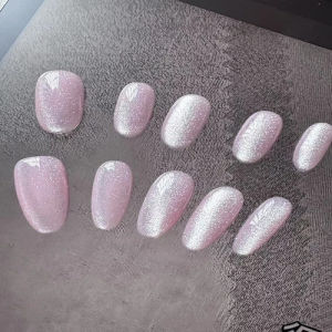【HANDMADE+Free Glue】Real Photos Press on Nails Pink Aurora Crystal Almond Nails Phototherapy Fake Nail Patch Artificial Nail Reusable