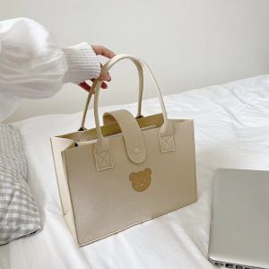 VIVIDI Large Capacity Felt Tote Bag Cute Bear Solid Color Shopping Handbag Fashion Portable Felt Shoulder Bag