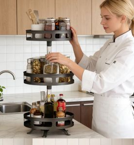 360° Rotating Kitchen Organizer Turntable | Carbon Steel Multi(Triple)-Layer Spice Rack | Lazy Susan Countertop Seasoning Oil Vinegar Storage Holder