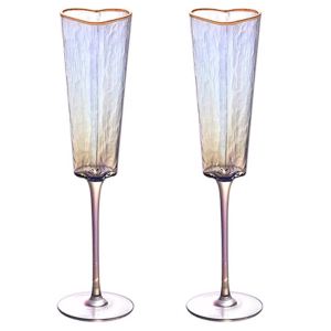 2Pcs Love Heart Shaped Goblet Sophisticated Champagne Flute Golden Edges Glasswares for Elegant Beverage Serving