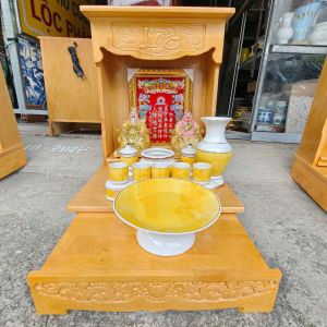 [Combo146] Bộ Bàn Thờ Thần Tài Thổ Địa Gỗ Sồi Màu Vàng Ngang 38cm Và Bộ Sứ Họa Tiết Đá Hoa Cương Màu Vàng.