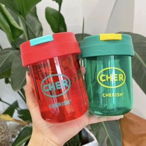 YUDESHUI with Straw Student Water Cup Transparent Plastic Drinking Cup Portable 300ML Large Capacity Sports Water Cup Outdoor Sports