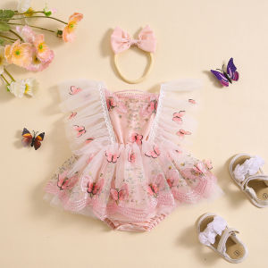 Princess Chiffon Baby Girls Rompers Dress Party Lace Trim Butterfly Kids Clothes Fly Sleeve Tulle Skirt Hem Bodysuits Headband2026