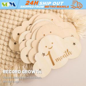 8pcs Baby Monthly Milestone Cards Wooden Double Sided Flowers Newborn Monthly Recording Cards Engraved Age Photography Wooden Milestone Number Month Memorial Cards Items Cute Cloud Shape Newborn Photography Accessories Props HSQ-Baby-Monthly-Milestone