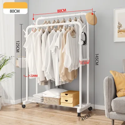 Double Pole Carbon Steel Heavy Duty Clothes Rack Space Saving Multi-Functional Wardrobe Organizer with Hooks for Bags/Hats