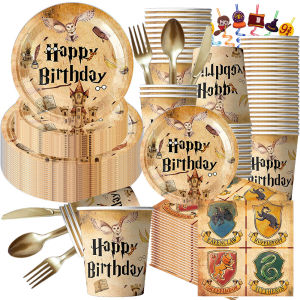 Magic School Birthday Party Decoration Kid Happy Birthday Magic Academy Plate Cup Napkins White Gold Paper Tableware Party Favor