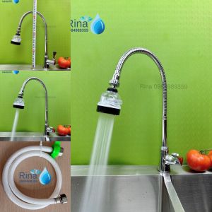Vòi Rửa Chén Bát Lạnh RN6020 Ống Cần Bẻ Lò Xo Tăng Áp Xoay 360 Độ Đồng Thau Xi Bóng Cao Cấp RINA 3 Chế Độ Nước
