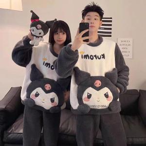 Anime 2Pcs Kuromi Cartoon Women Men Couple Coral Fleece Pajamas Suit Cute Plush Pullover Top Pants Fashion Sleepwear Y2K Clothes