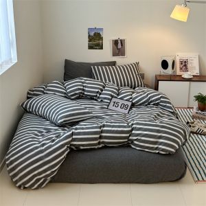 Nordic Simple Style Striped Soft Fabric 100% Cotton Bedding Sets Fitted Sheet Quilt Cover Pillow Cases Single Queen King Sizes In Stock