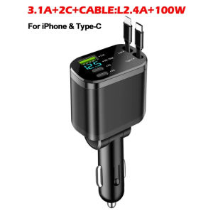 5-in-1 Car Charger 80cm Retractable USB C To Lightning Cable 5 Ports Type-C Fashionable Adapter Compatible for IPhone Android Dual USB-C & IOS Conversion Plug