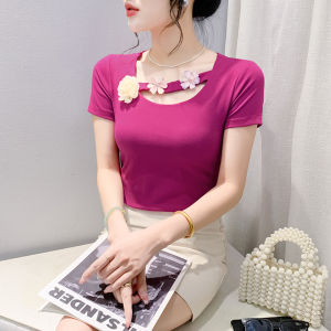 YIMEI Slim fit sweet rose red top cotton 2024 summer new design fashionable and versatile beautiful three-dimensional flower U-neck T-shirt womens trend