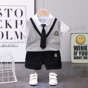 SETELAN BAJU KAOS ANAK LAKI LAKI LENGAN PENDEK DENGAN AKSESORIS DASI / PAKAIAN ANAK COWOK / SETELAN ANAK LAKI LAKI / PAKAIAN ANAK LAKI LAKI KOREAN STYLE