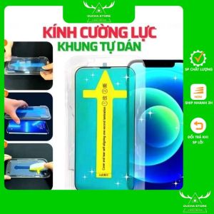 Kính cường lực dành cho ip khung dán tự động siêu dễ dán viền mỏng chống bám bụi khi dán