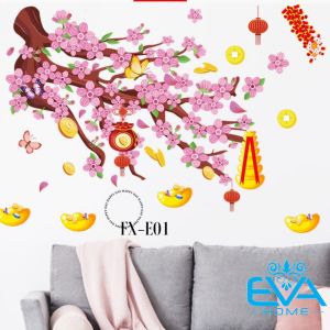 Decal Dán Tường Dán Kính Trang Trí Tết Họa Tiết Cành Đào Hồng Và Thổi Vàng Đón Xuân FX-C128 M3593