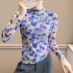 YIMEI เสื้อฐานตาข่ายเสื้อยืดแขนยาวฟิตเนสเสื้อยืดแขนยาวของผู้หญิงสไตล์การตกแต่งภายในที่ฤดูใบไม้ร่วงและฤดูหนาวเสื้อพิมพ์ลายเข้ารูปพอดีดูมีชีวิตชีวาขนาดใหญ่พิเศษ