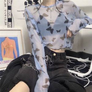 dandelia / KOREAN TRANSPARENT ANTI UV DSAU01 / HANYA ATASAN / atasan wanita / luaran wanita / blouse crop / Kemeja Dasar Jaring Gambar Kupu-kupu Gaya Hyun Ya Kaus Lengan Panjang Bagian Dalam Antik Atasan Tabir Surya Slim-Fit Musim Panas Wanita Trendi